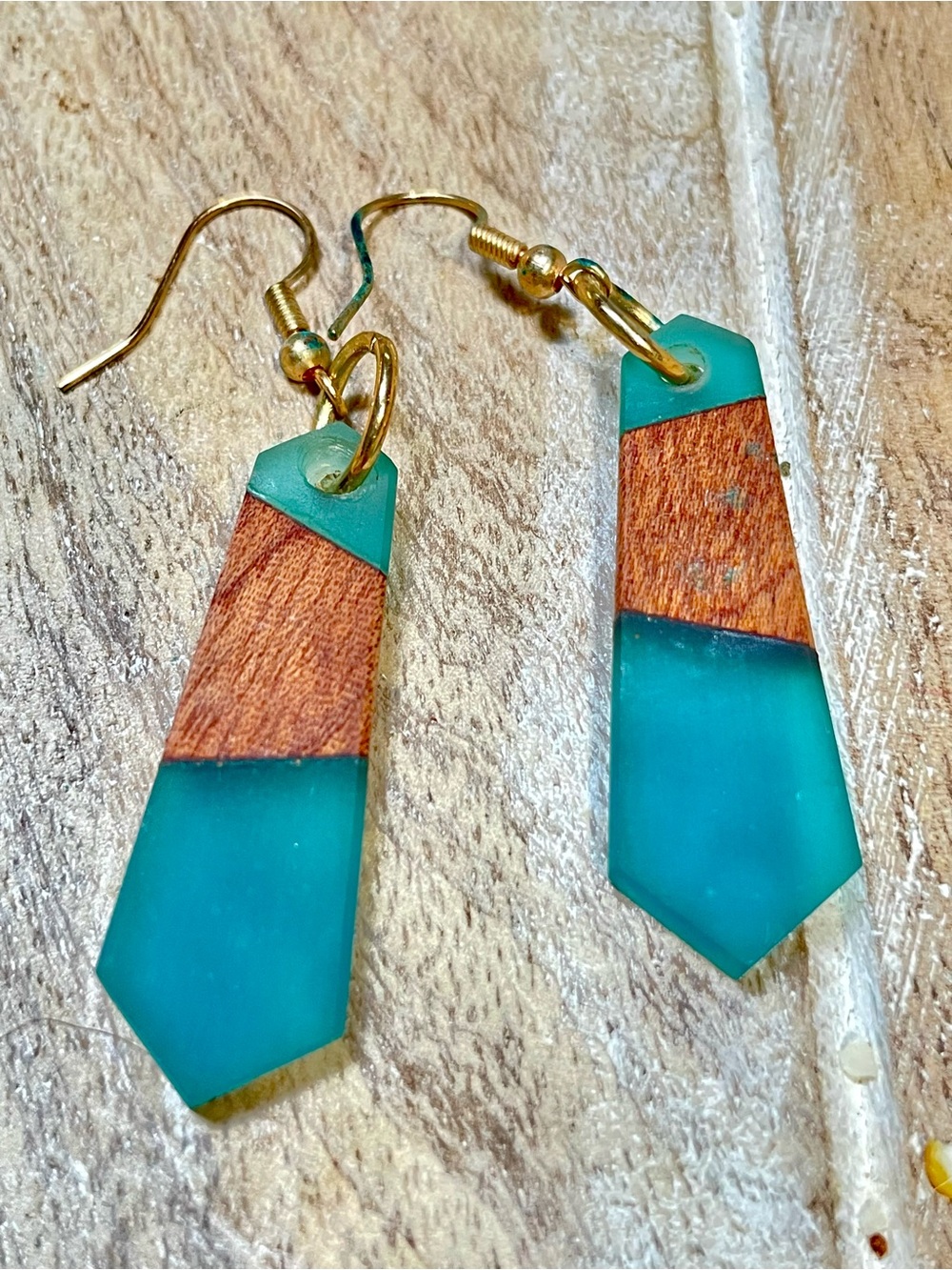 Handmade Turquoise Wood and Resin Drop Earrings with Gold Hooks by Elegantique - Picture 2 of 3